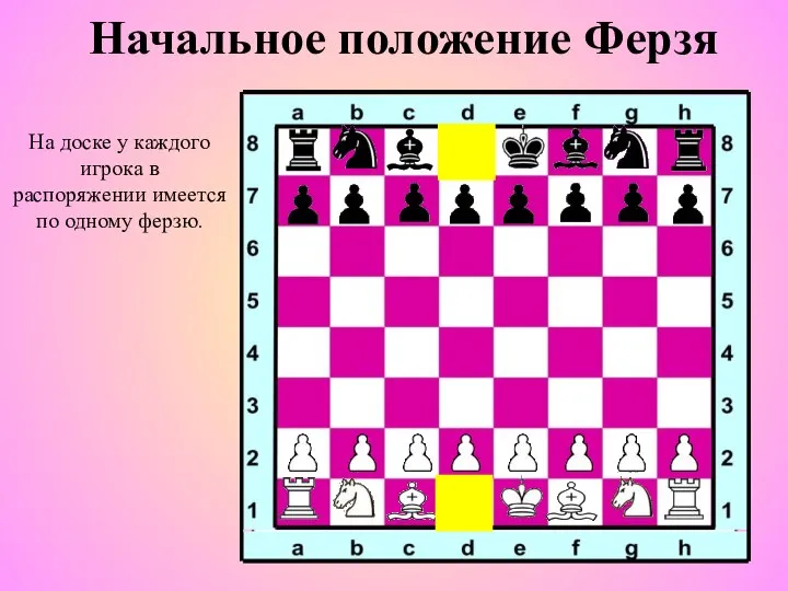 Начальное положение Ферзя На доске у каждого игрока в распоряжении имеется по одному ферзю.