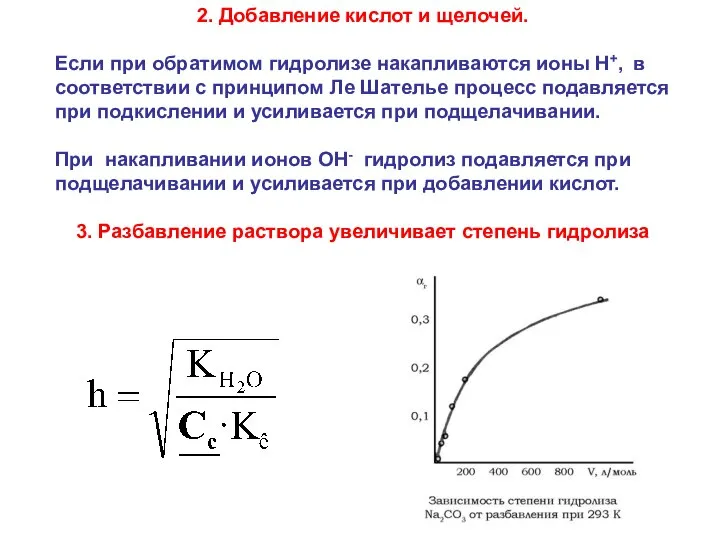 2. Добавление кислот и щелочей. Если при обратимом гидролизе накапливаются ионы