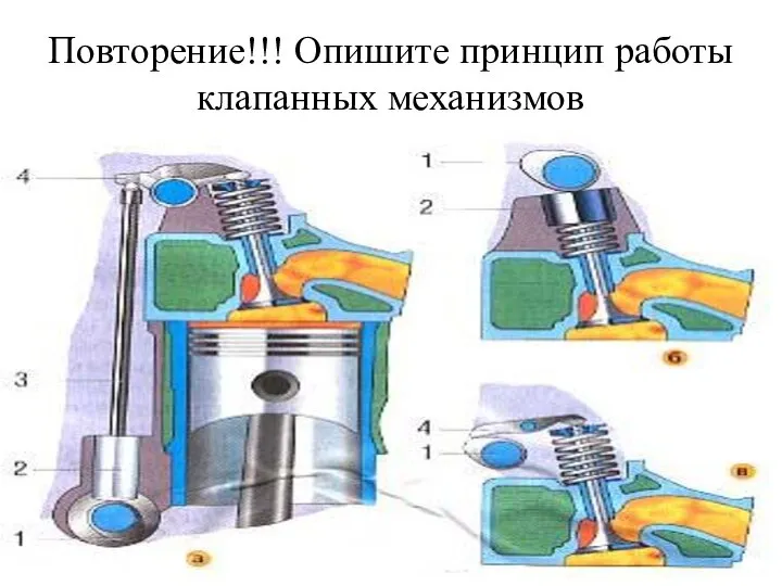 Повторение!!! Опишите принцип работы клапанных механизмов