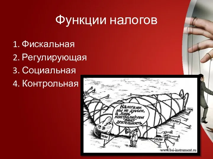 Функции налогов 1. Фискальная 2. Регулирующая 3. Социальная 4. Контрольная