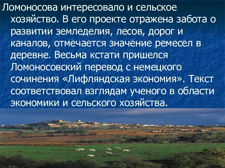 Ломоносова интересовало и сельское хозяйство. В его проекте отражена забота о