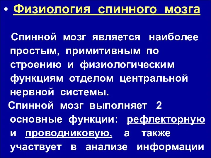 Физиология спинного мозга Спинной мозг является наиболее простым, примитивным по строению