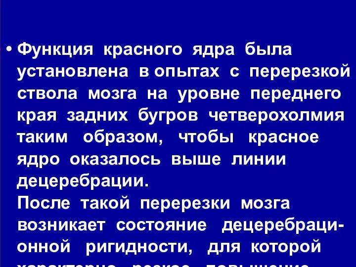 Функция красного ядра была установлена в опытах с перерезкой ствола мозга