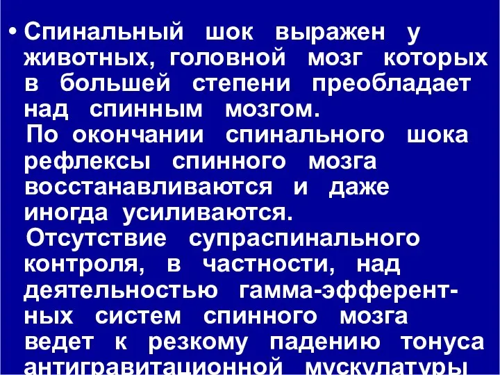 Спинальный шок выражен у животных, головной мозг которых в большей степени