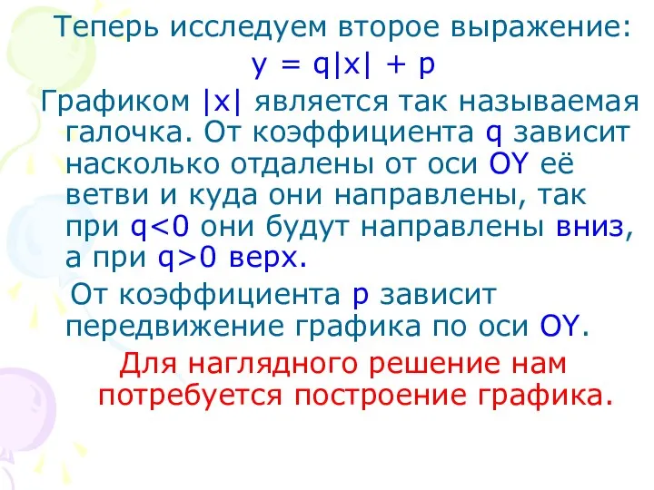 Теперь исследуем второе выражение: y = q|x| + p Графиком |х|