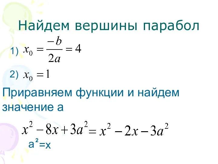 Найдем вершины парабол 1) 2) Приравняем функции и найдем значение а а =х 2