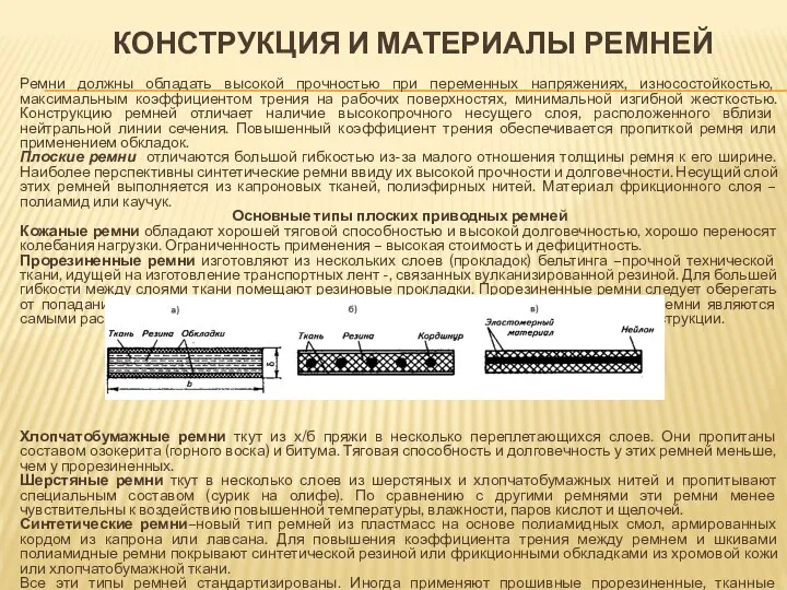 КОНСТРУКЦИЯ И МАТЕРИАЛЫ РЕМНЕЙ Ремни должны обладать высокой прочностью при переменных