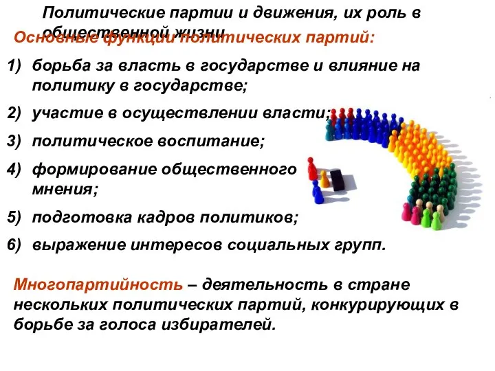 Политические партии и движения, их роль в общественной жизни Основные функции