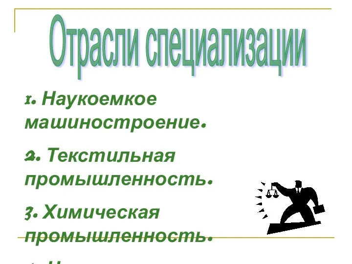 Отрасли специализации 1. Наукоемкое машиностроение. 2. Текстильная промышленность. 3. Химическая промышленность. 4. Черная металлургия.