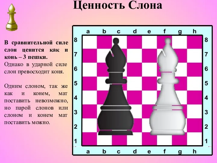 Ценность Слона В сравнительной силе слон ценится как и конь –