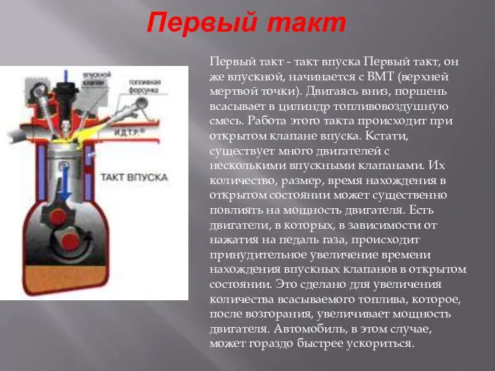 Первый такт Первый такт - такт впуска Первый такт, он же