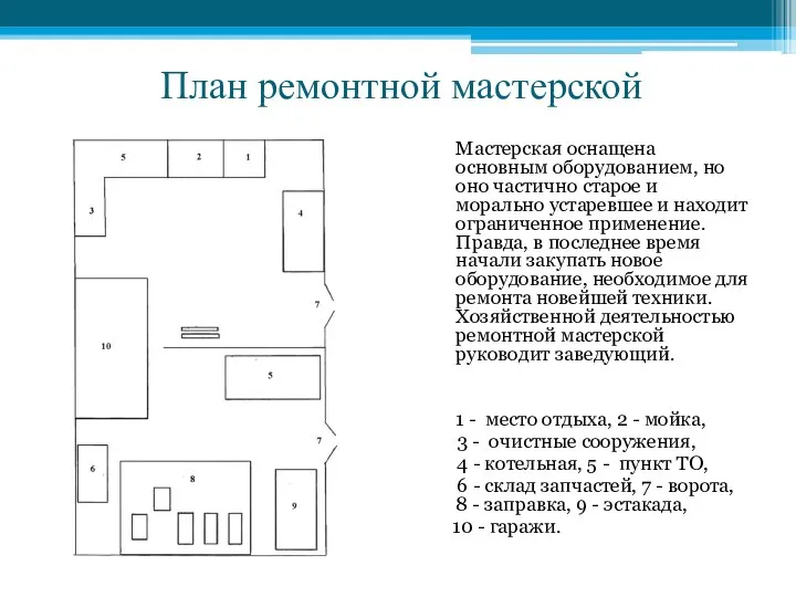 План ремонтной мастерской Мастерская оснащена основным оборудованием, но оно частично старое