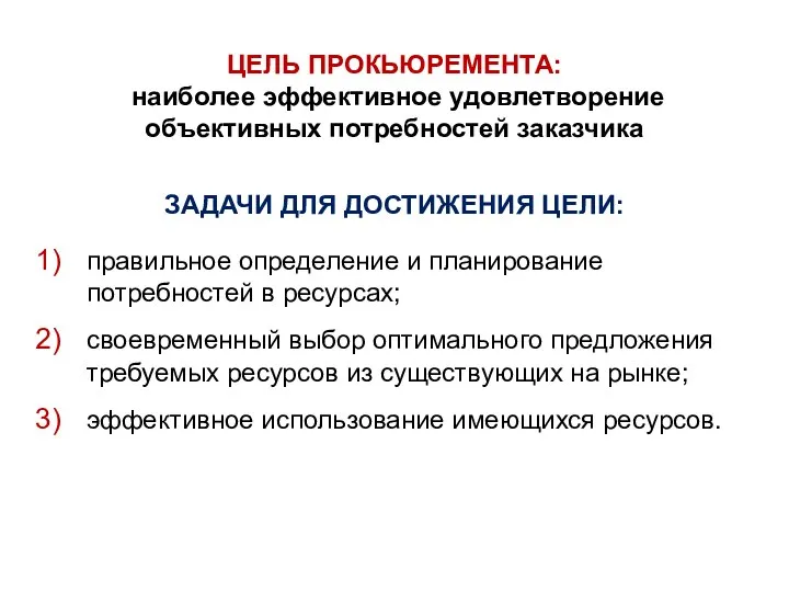 ЦЕЛЬ ПРОКЬЮРЕМЕНТА: наиболее эффективное удовлетворение объективных потребностей заказчика ЗАДАЧИ ДЛЯ ДОСТИЖЕНИЯ