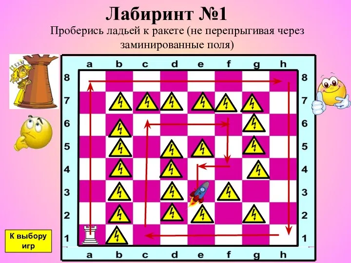 Лабиринт №1 Проберись ладьей к ракете (не перепрыгивая через заминированные поля) К выбору игр