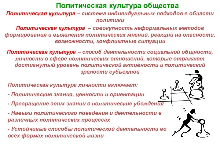 Политическая культура общества Политическая культура – система индивидуальных подходов в области