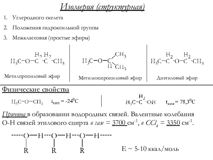 Изомерия (структурная) Углеродного скелета Положения гидроксильной группы Межклассовая (простые эфиры) Метилпропиловый