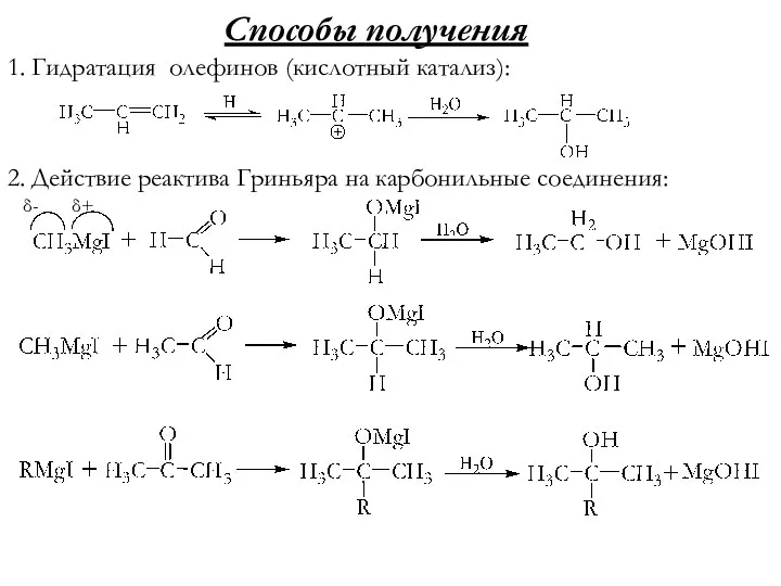 Способы получения 1. Гидратация олефинов (кислотный катализ): 2. Действие реактива Гриньяра на карбонильные соединения: δ+ δ-