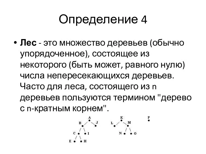 Лес - это множество деревьев (обычно упорядоченное), состоящее из некоторого (быть