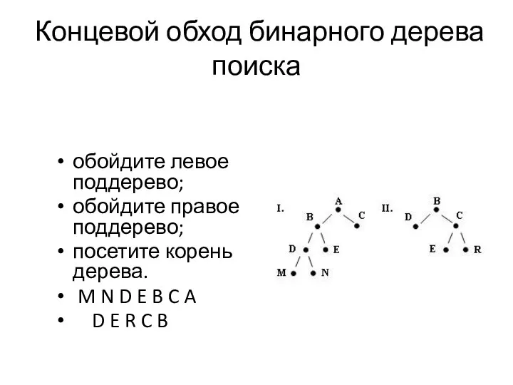 обойдите левое поддерево; обойдите правое поддерево; посетите корень дерева. M N