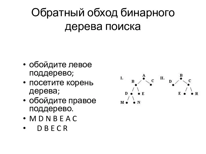 обойдите левое поддерево; посетите корень дерева; обойдите правое поддерево. M D