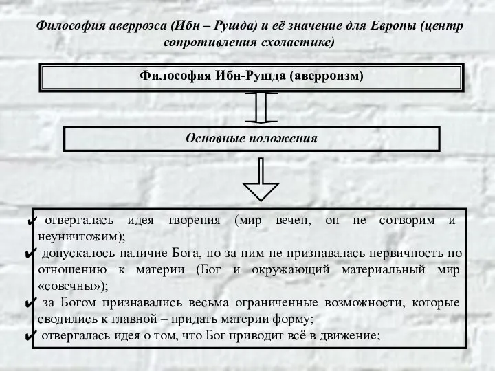 Философия Ибн-Рушда (аверроизм) Основные положения отвергалась идея творения (мир вечен, он