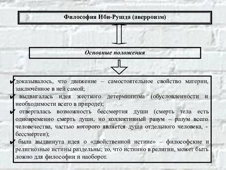 Философия Ибн-Рушда (аверроизм) Основные положения доказывалось, что движение – самостоятельное свойство