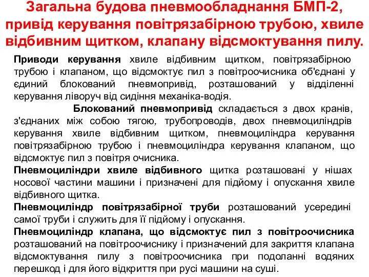 Загальна будова пневмообладнання БМП-2, привід керування повітрязабірною трубою, хвиле відбивним щитком,