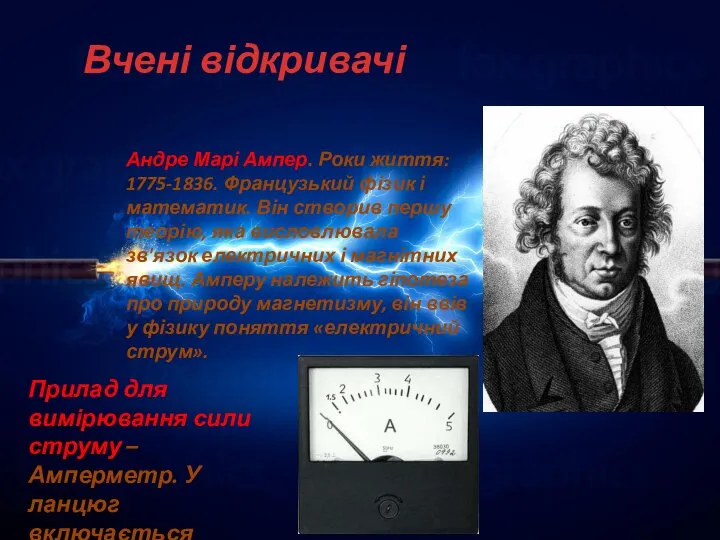 Вчені відкривачі Андре Марі Ампер. Роки життя: 1775-1836. Французький фізик і