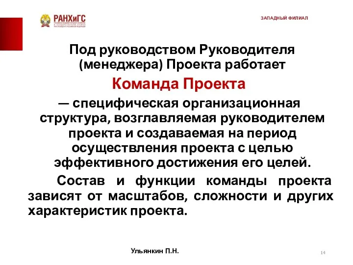 Под руководством Руководителя (менеджера) Проекта работает Команда Проекта — специфическая организационная