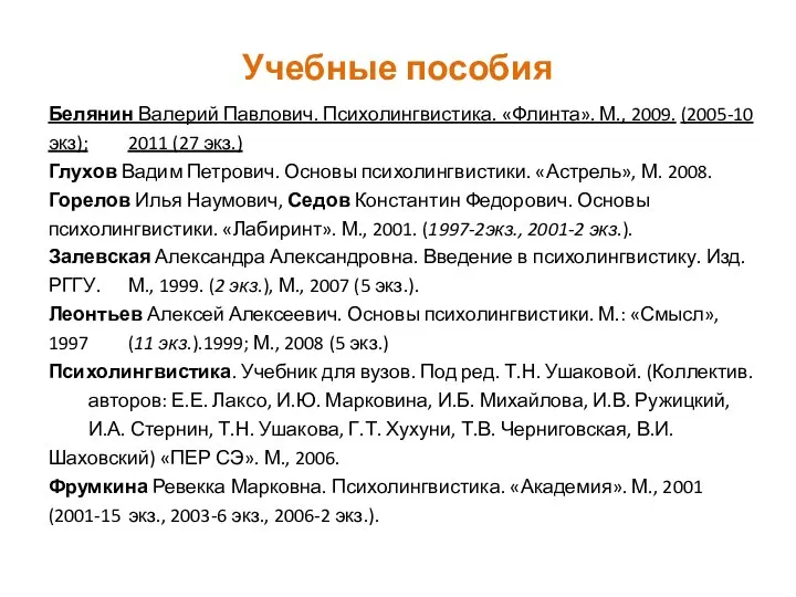 Учебные пособия Белянин Валерий Павлович. Психолингвистика. «Флинта». М., 2009. (2005-10 экз);