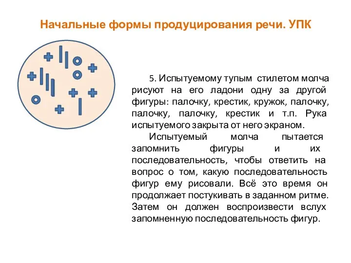 Начальные формы продуцирования речи. УПК 5. Испытуемому тупым стилетом молча рисуют