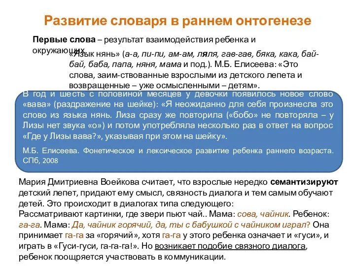 Развитие словаря в раннем онтогенезе Первые слова – результат взаимодействия ребенка