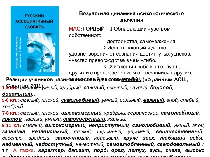 Возрастная динамика психологического значения МАС: ГОРДЫЙ – 1.Обладающий чувством собственного достоинства,