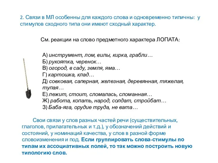 2. Связи в МЛ особенны для каждого слова и одновременно типичны: