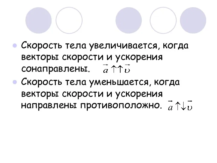 Скорость тела увеличивается, когда векторы скорости и ускорения сонаправлены. Скорость тела