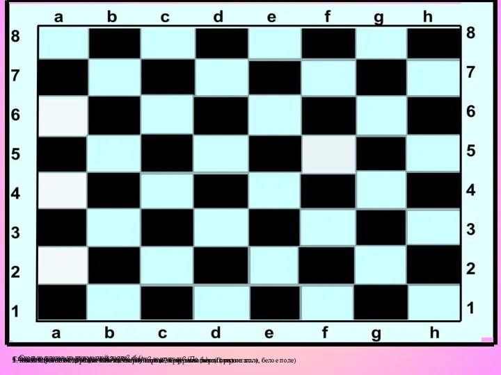1. Какая шахматная дорожка тянется слева направо? Справа на лево(Горизонталь.) 2.
