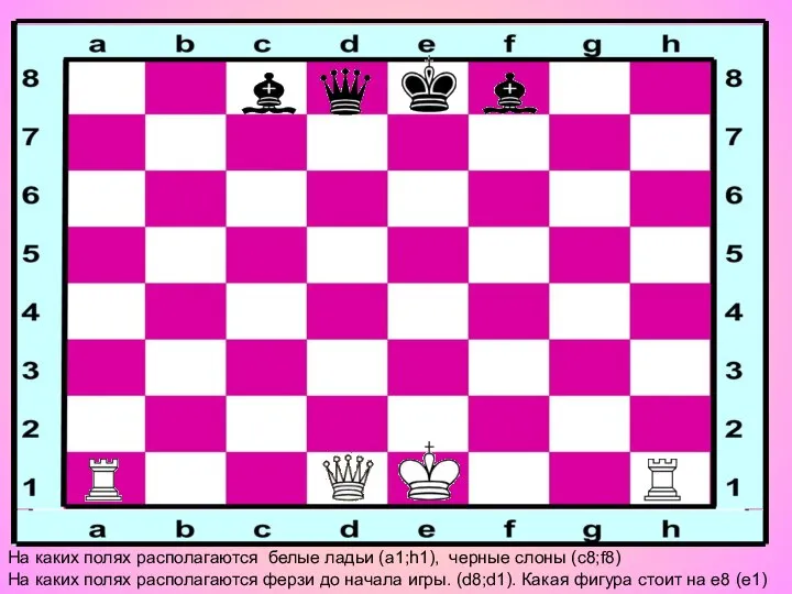 На каких полях располагаются белые ладьи (а1;h1), черные слоны (с8;f8) На