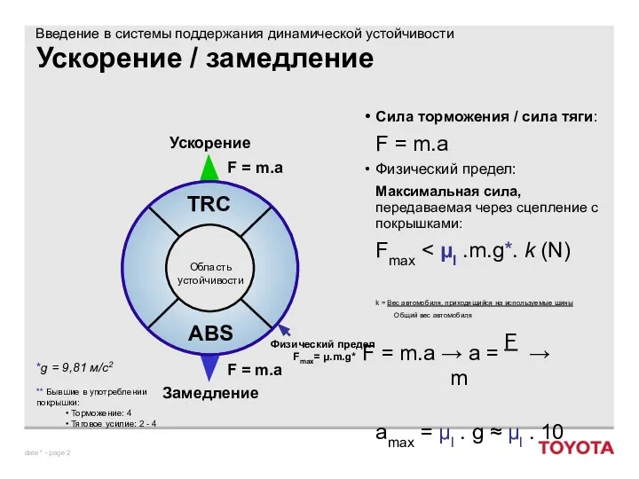 Ускорение / замедление Сила торможения / сила тяги: F = m.a