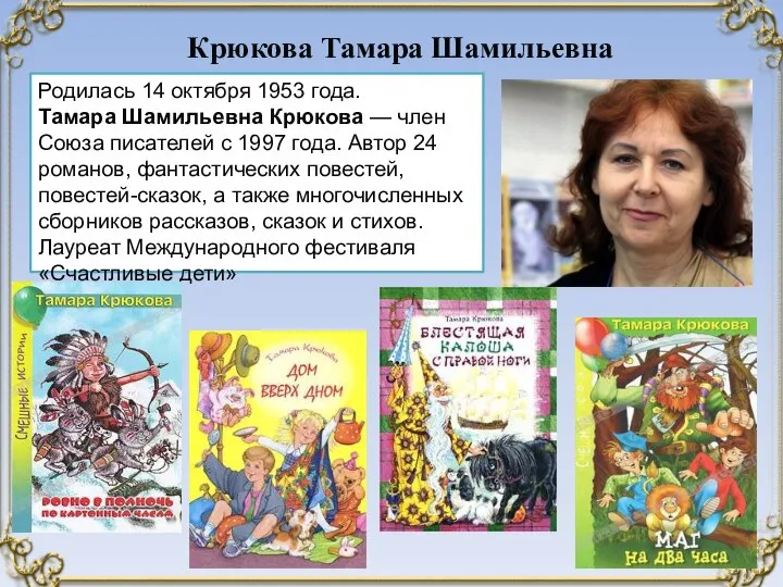 Родилась 14 октября 1953 года. Тамара Шамильевна Крюкова — член Союза