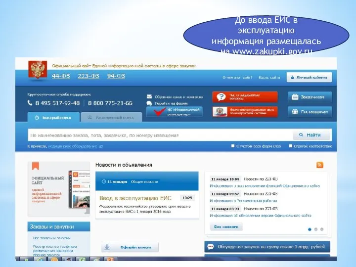 До ввода ЕИС в эксплуатацию информация размещалась на www.zakupki.gov.ru