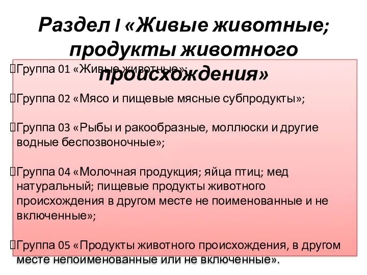 Группа 01 «Живые животные»; Группа 02 «Мясо и пищевые мясные субпродукты»;