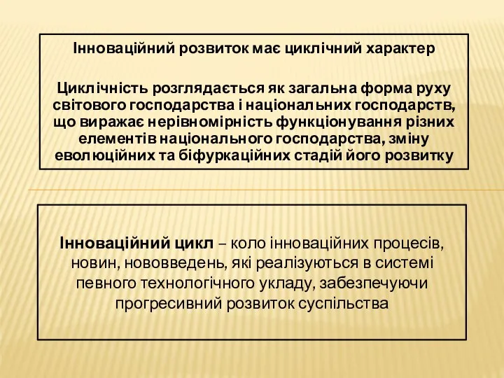 Інноваційний розвиток має циклічний характер Циклічність розглядається як загальна форма руху