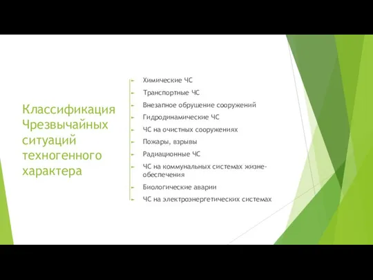 Классификация Чрезвычайных ситуаций техногенного характера Химические ЧС Транспортные ЧС Внезапное обрушение