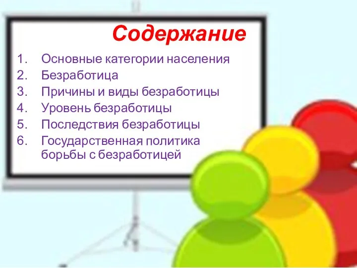 Содержание Основные категории населения Безработица Причины и виды безработицы Уровень безработицы