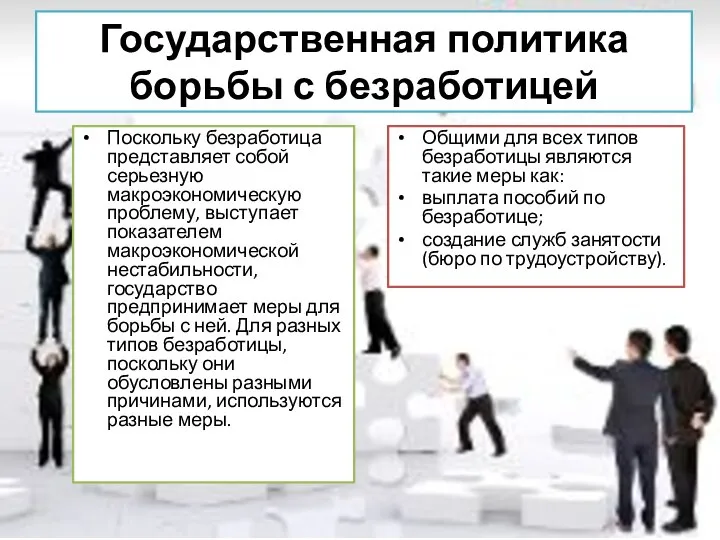 Государственная политика борьбы с безработицей Поскольку безработица представляет собой серьезную макроэкономическую