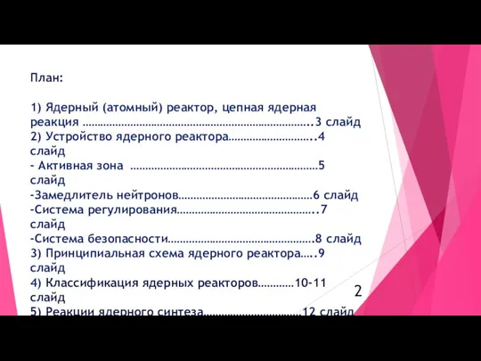 План: 1) Ядерный (атомный) реактор, цепная ядерная реакция …………………………………………………………………..3 слайд 2)