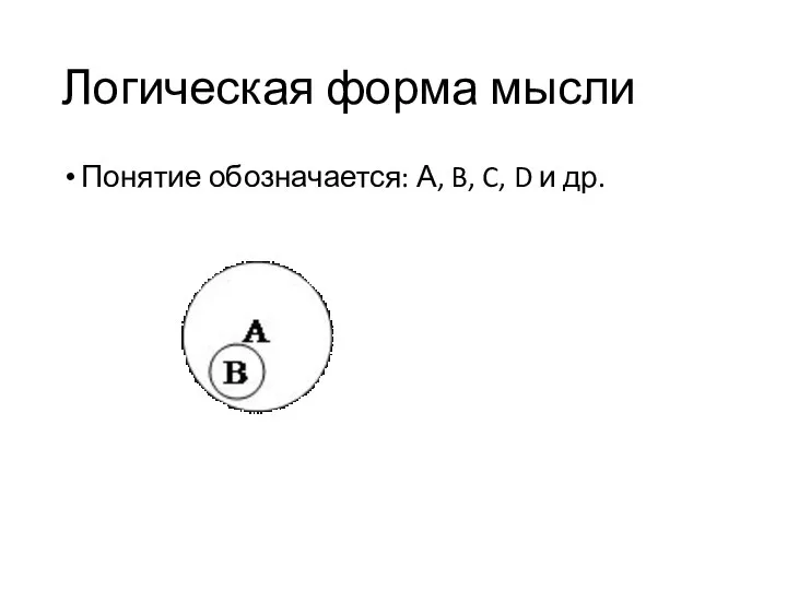 Логическая форма мысли Понятие обозначается: А, B, C, D и др.