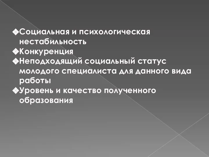 Социальная и психологическая нестабильность Конкуренция Неподходящий социальный статус молодого специалиста для