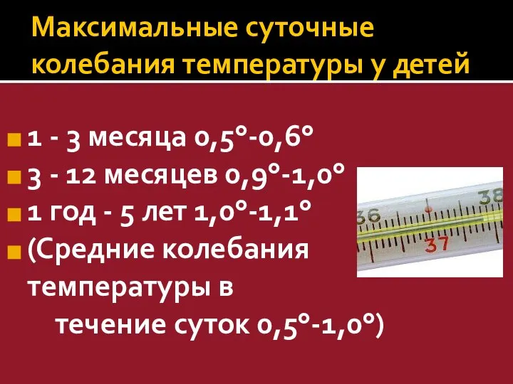 Максимальные суточные колебания температуры у детей 1 - 3 месяца 0,5°-0,6°