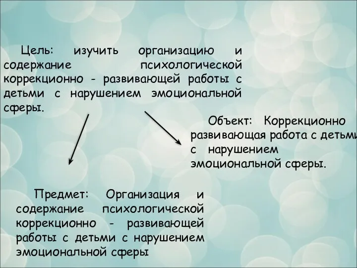 Цель: изучить организацию и содержание психологической коррекционно - развивающей работы с